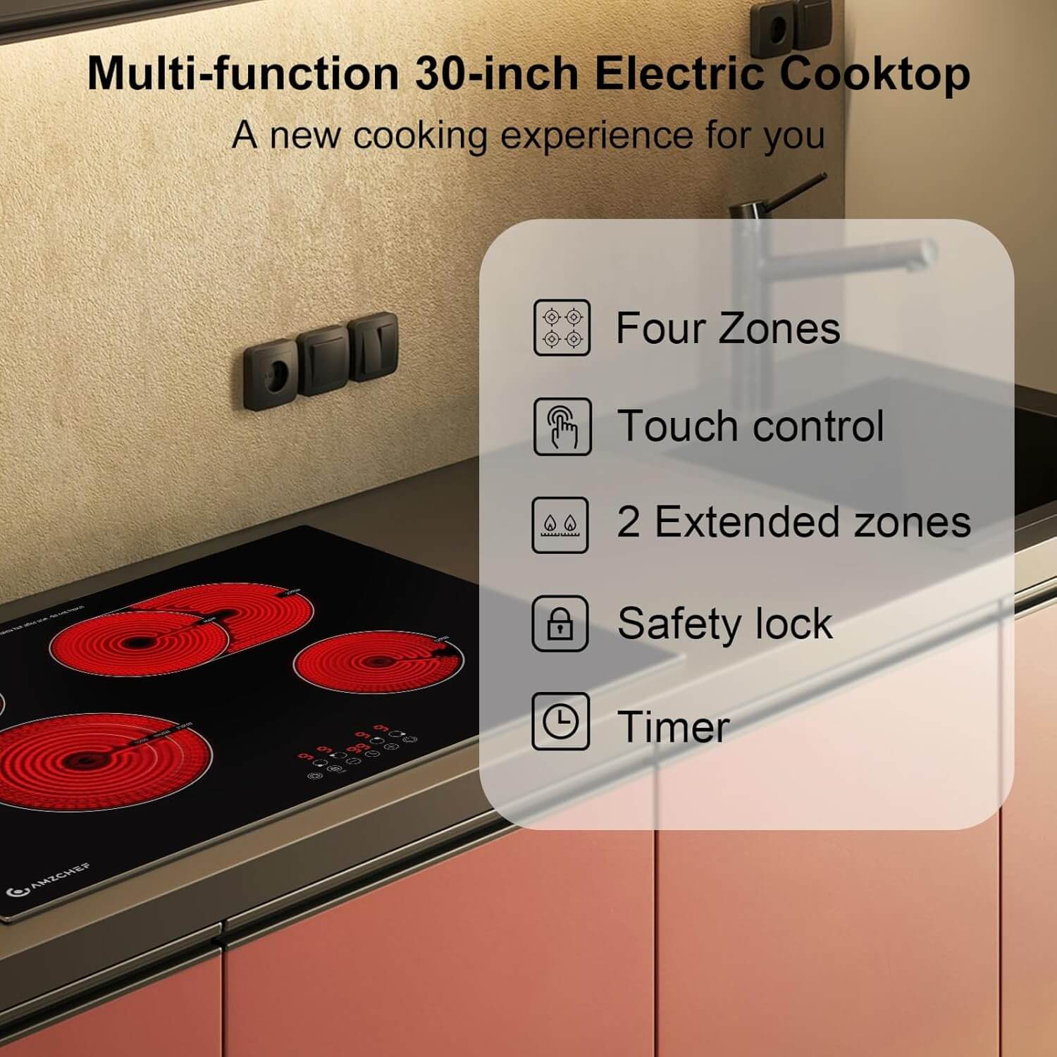 AMZCHEF Built-in Electric Cooktop 4 High Power Burners 30 Inch 6700W