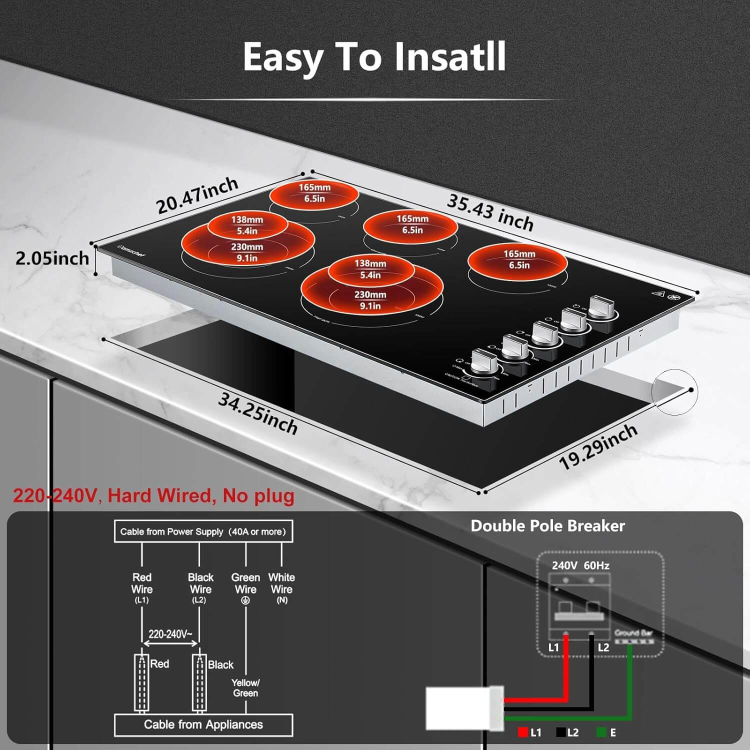 AMZCHEF Electric Cooktop with 5 Burners 8900W Power Control by Knob