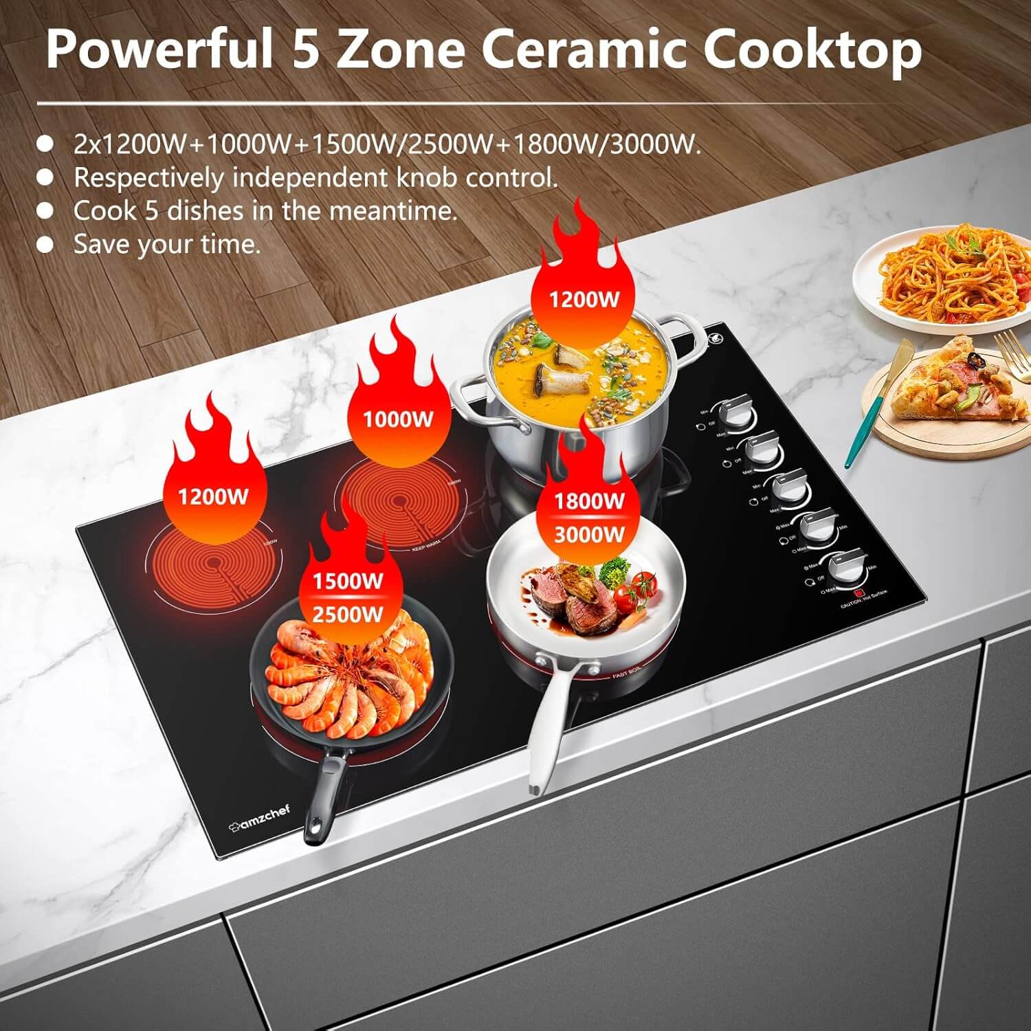 AMZCHEF Electric Cooktop with 5 Burners 8900W Power Control by Knob