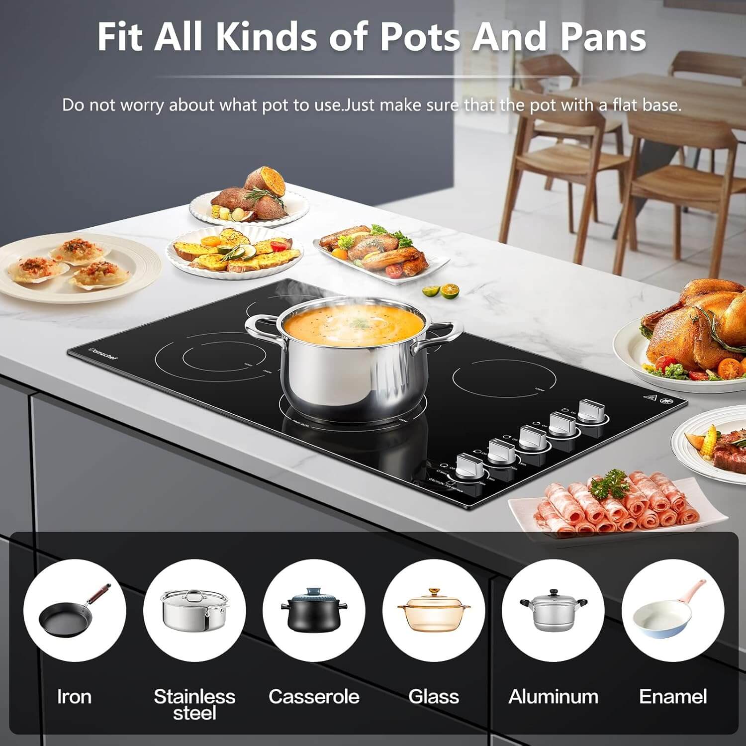 AMZCHEF Electric Cooktop with 5 Burners 8900W Power Control by Knob