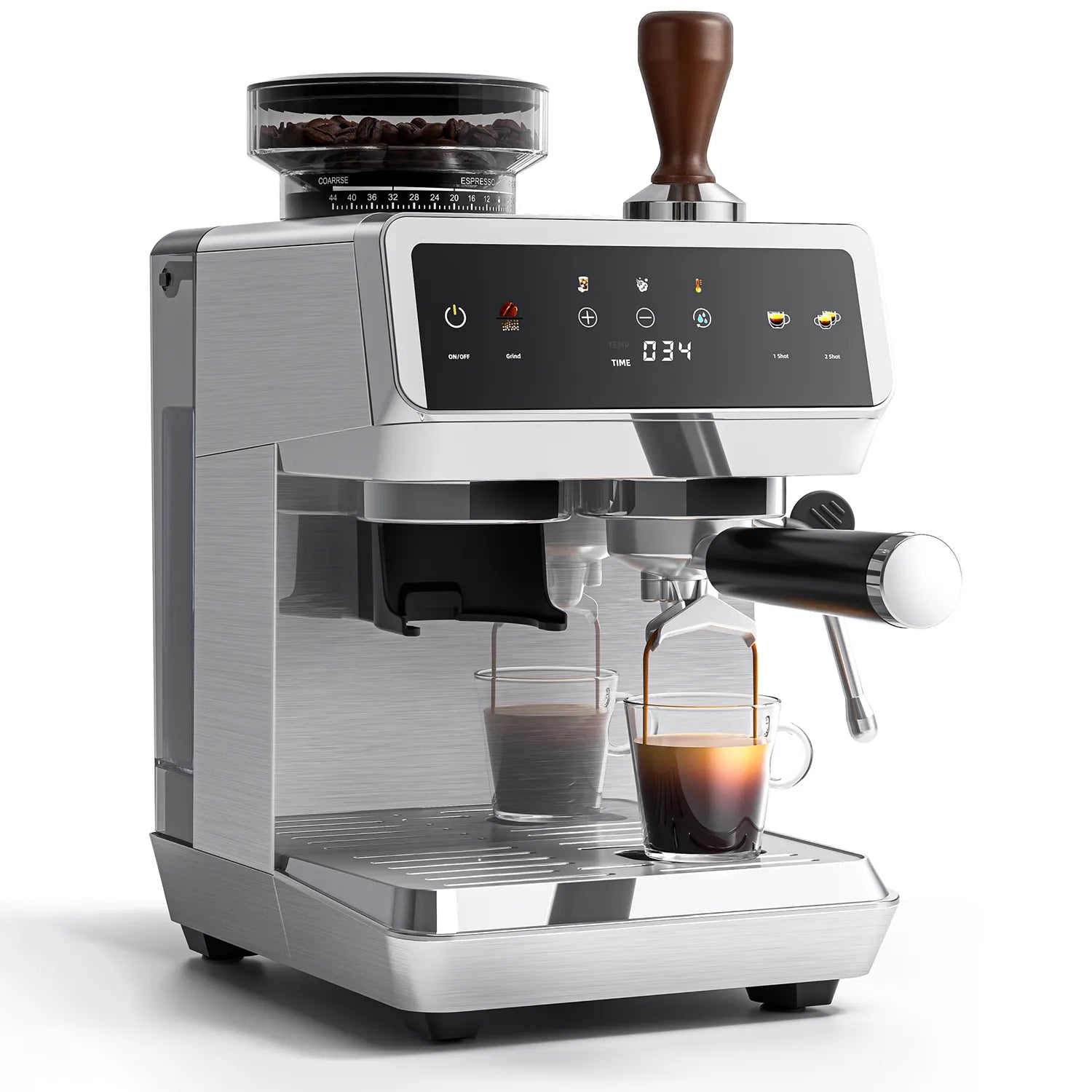 AMZCHEF CM1626 stainless-steel espresso machine with integrated grinder, touchscreen, and manual steam wand