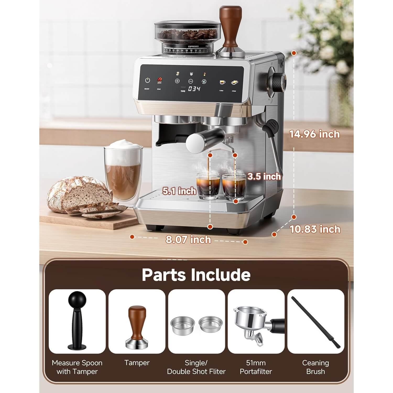 AMZCHEF Coffee Machine With Built-In Grinder