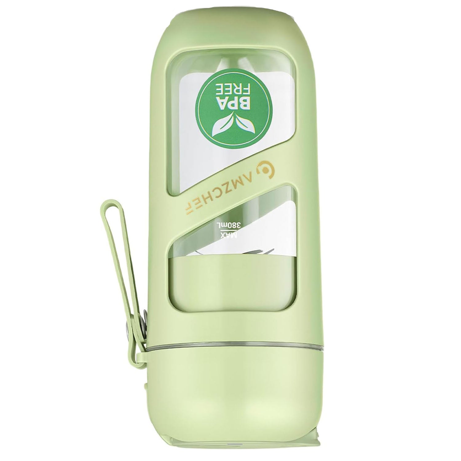 Light green water bottle with clear window and AMZCHEF branding on a white background