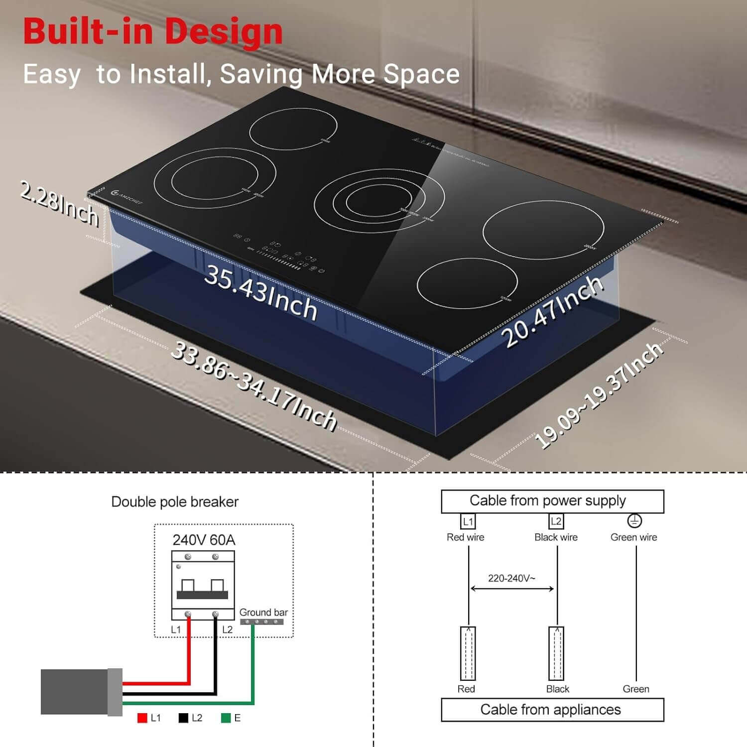 AMZCHEF 36" Upgraded 8900W Electric Cooktop, 5 Burner Touch Control Built-in Ceramic Stove