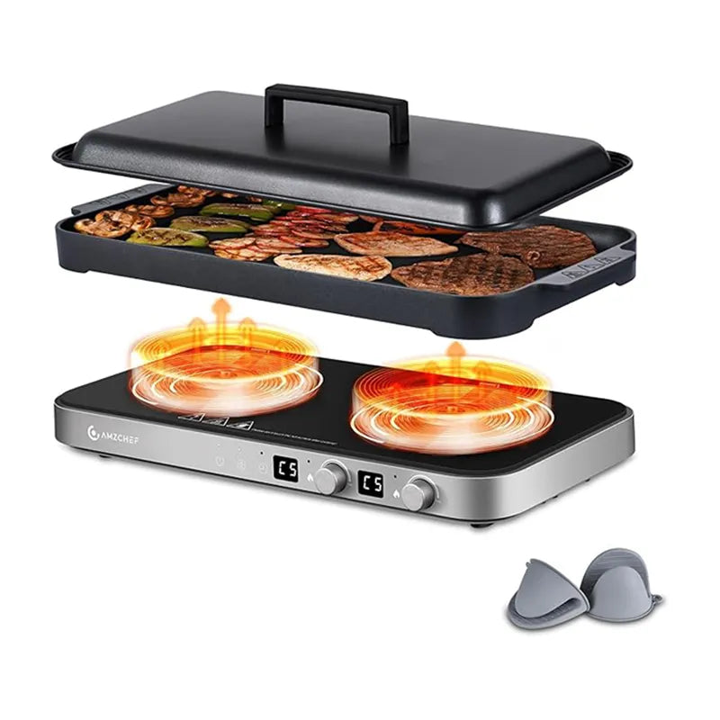 AMZCHEF 1800W 2-Burner Induction Cooktop with Removable Griddle Pan | 9 Power Levels