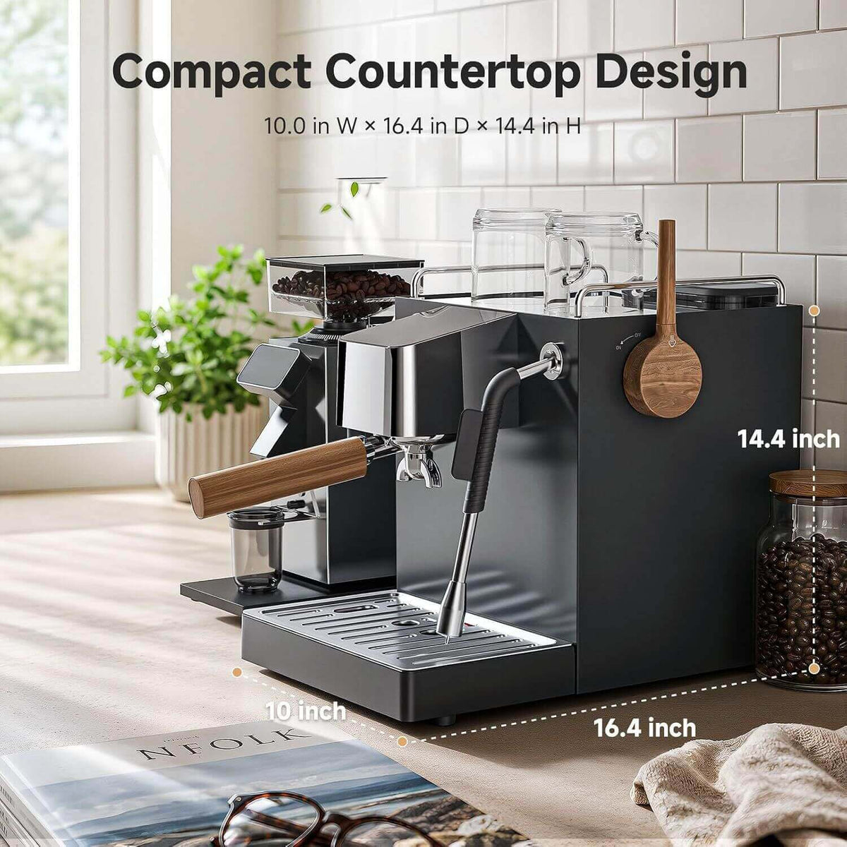 Compact countertop espresso machine in a bright kitchen setting, with overlaid dimensions showing 10.0 in width, 16.