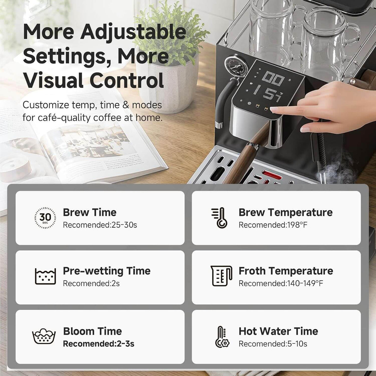 A digital coffee machine with a hand adjusting the touch screen, set on a wooden table with mugs and an open book in the background. Large text at the top reads 'More Adjustable Settings, More Visual Control,' and six feature callouts below show recommended times and temperatures for brew time, pre-wetting time, bloom time, hot water time, froth temperature, and brew temperature.