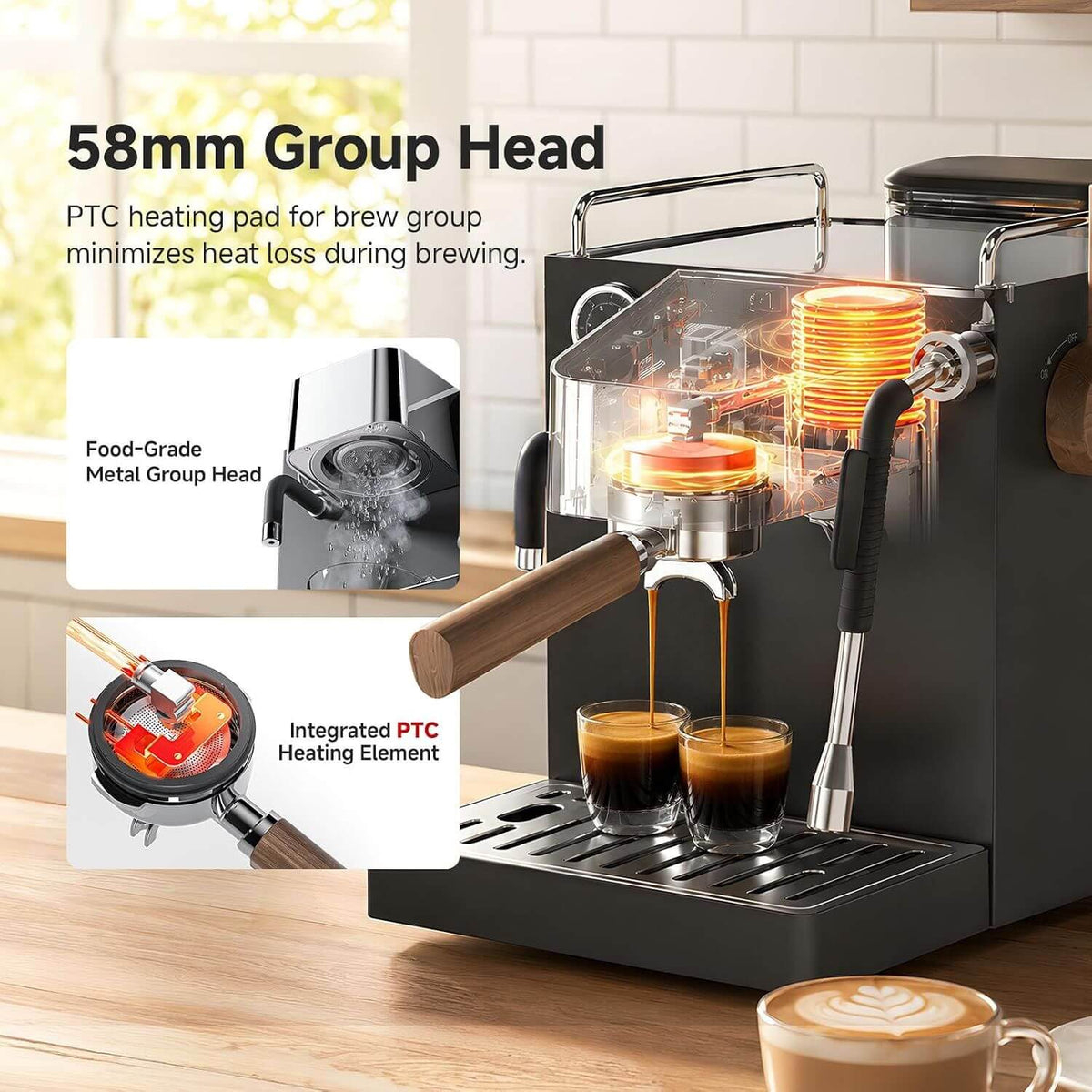 A black espresso machine on a countertop with two small espresso cups filled with espresso underneath. The image includes marketing text and inset detail photos highlighting the 58mm group head and integrated PTC heating pad.