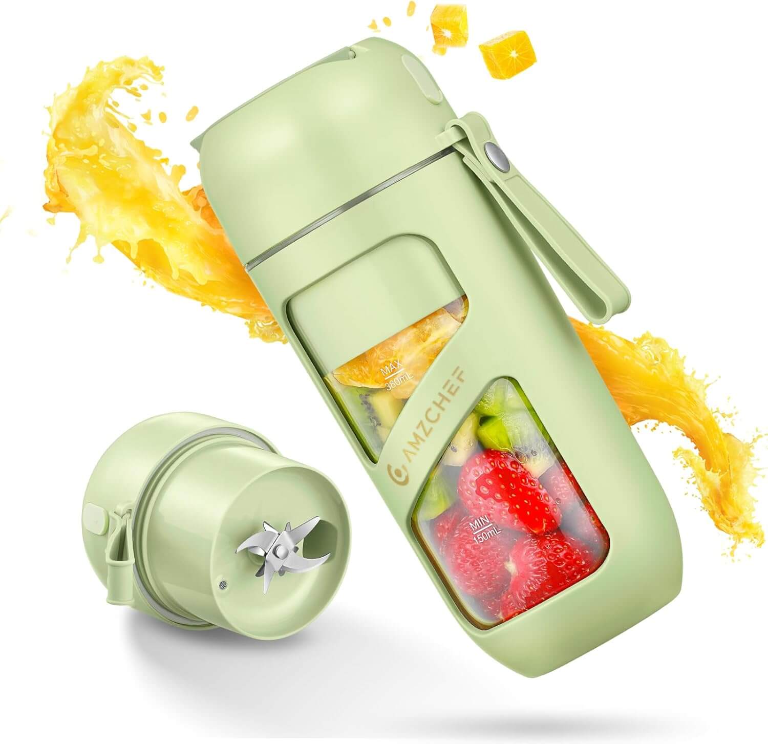 Green portable blender with fruits inside on a white background