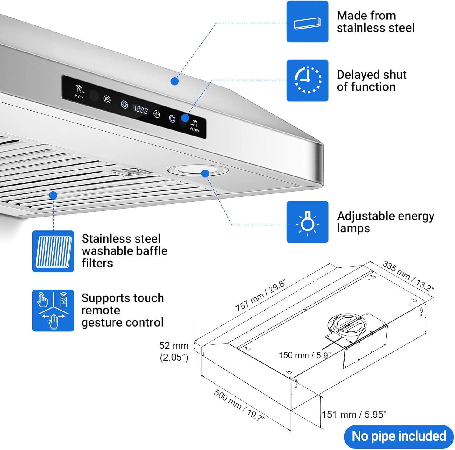 AMZCHEF 30 Inch Under Cabinet Stainless Steel Range Hood 750 CFM Powerful Suction