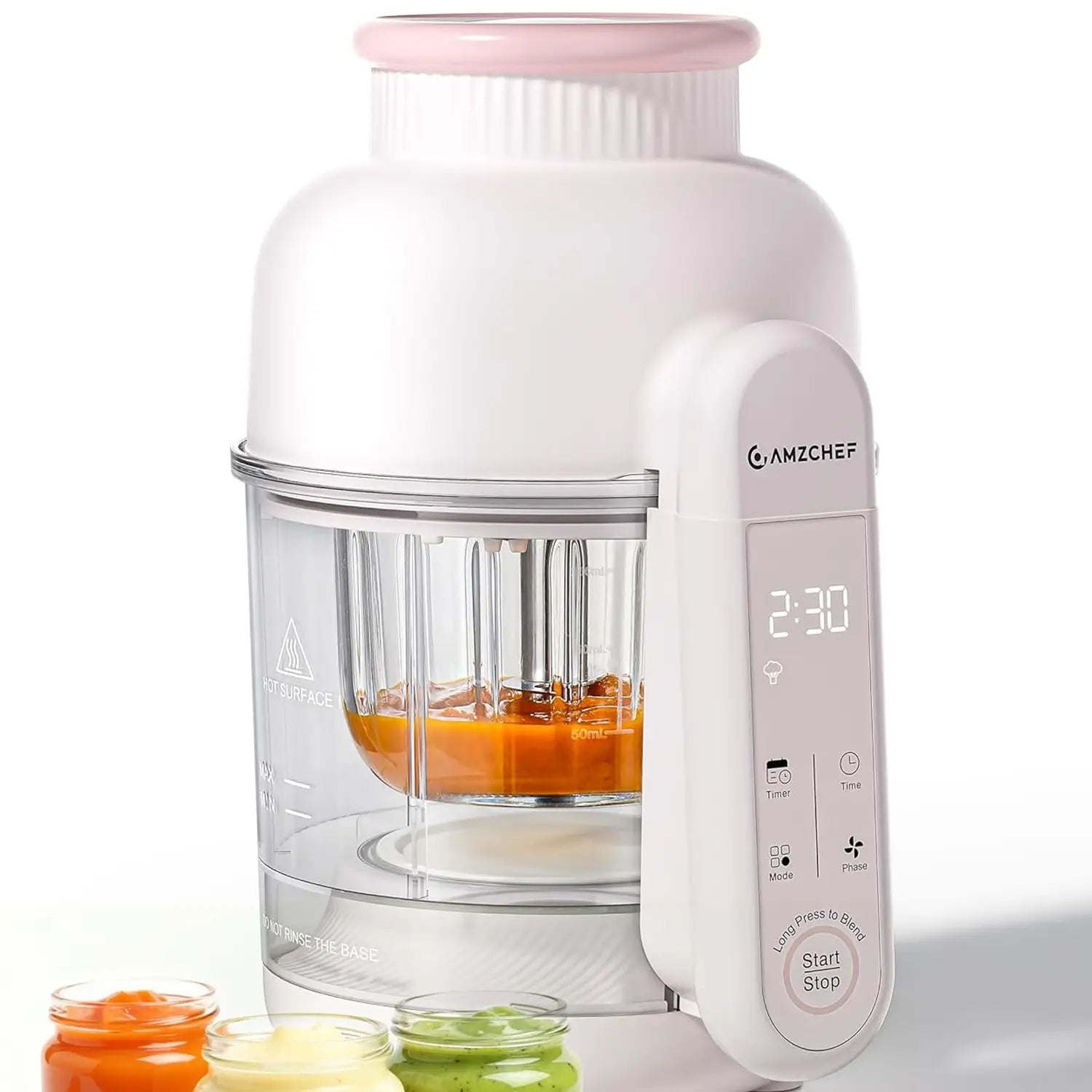 White baby food maker with digital display on a white background