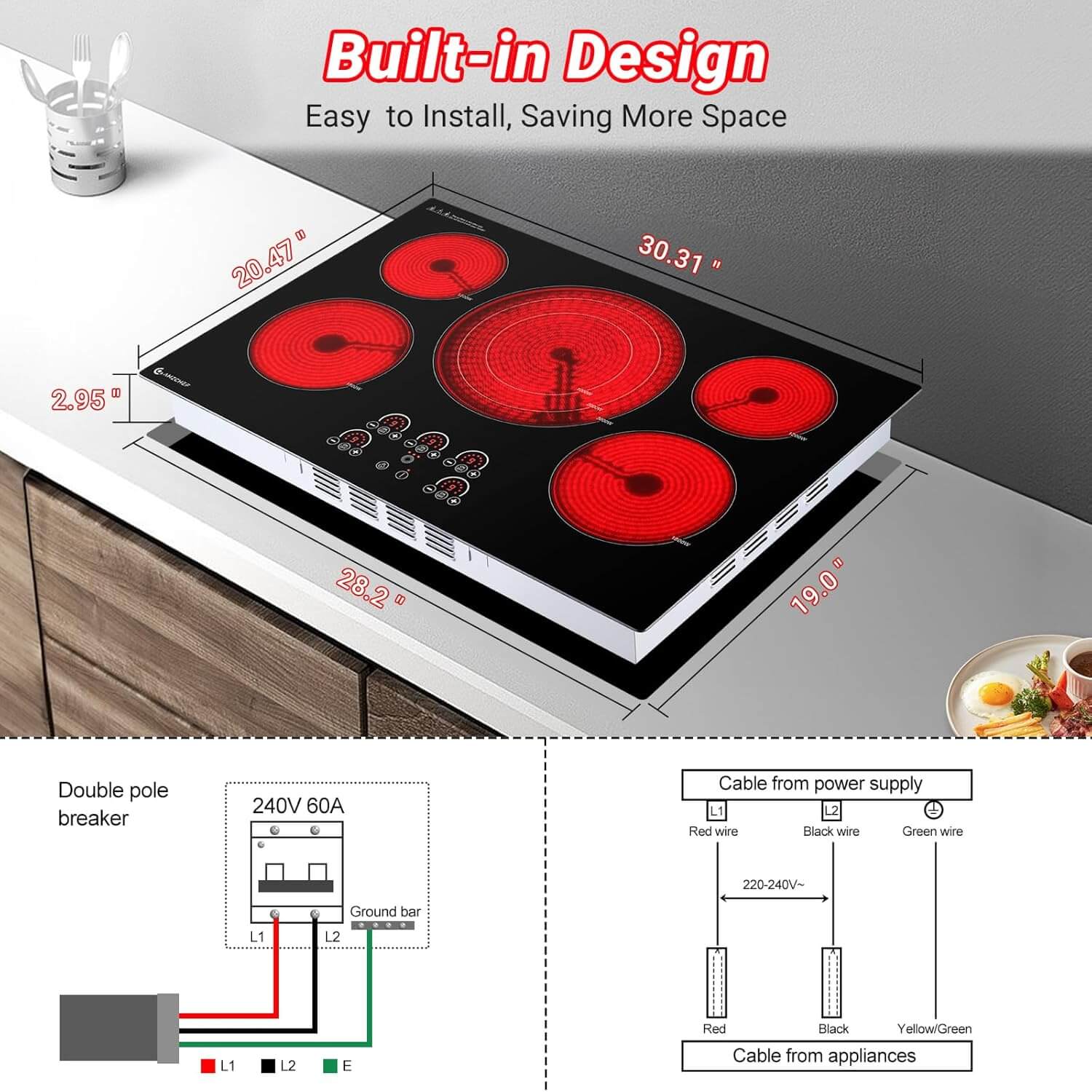 Built-in Electric Cooktop 5 Burners 30 Inch