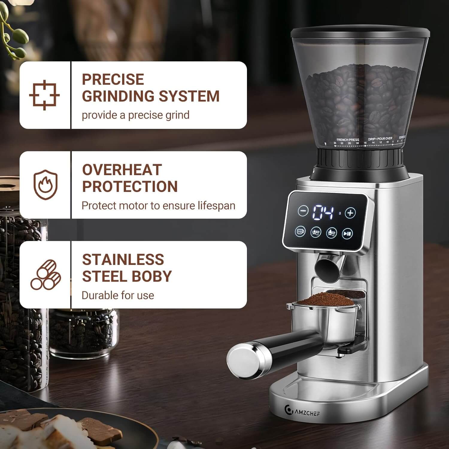 AMZCHEF Coffee Bean Grinder With Detachable Funnel Stand