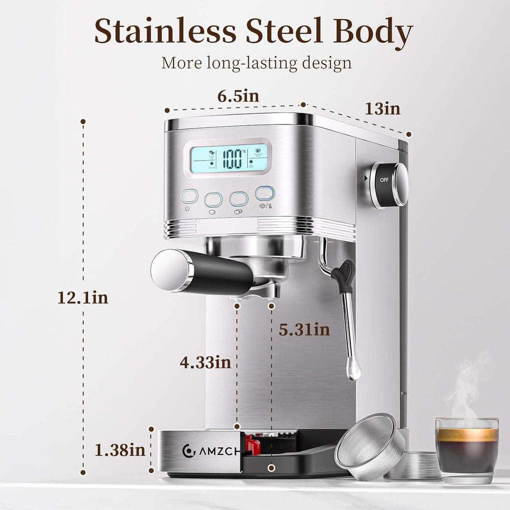 AMZCHEF Compact Latte Machine with Visual LCD 20 Bar Coffee Machine
