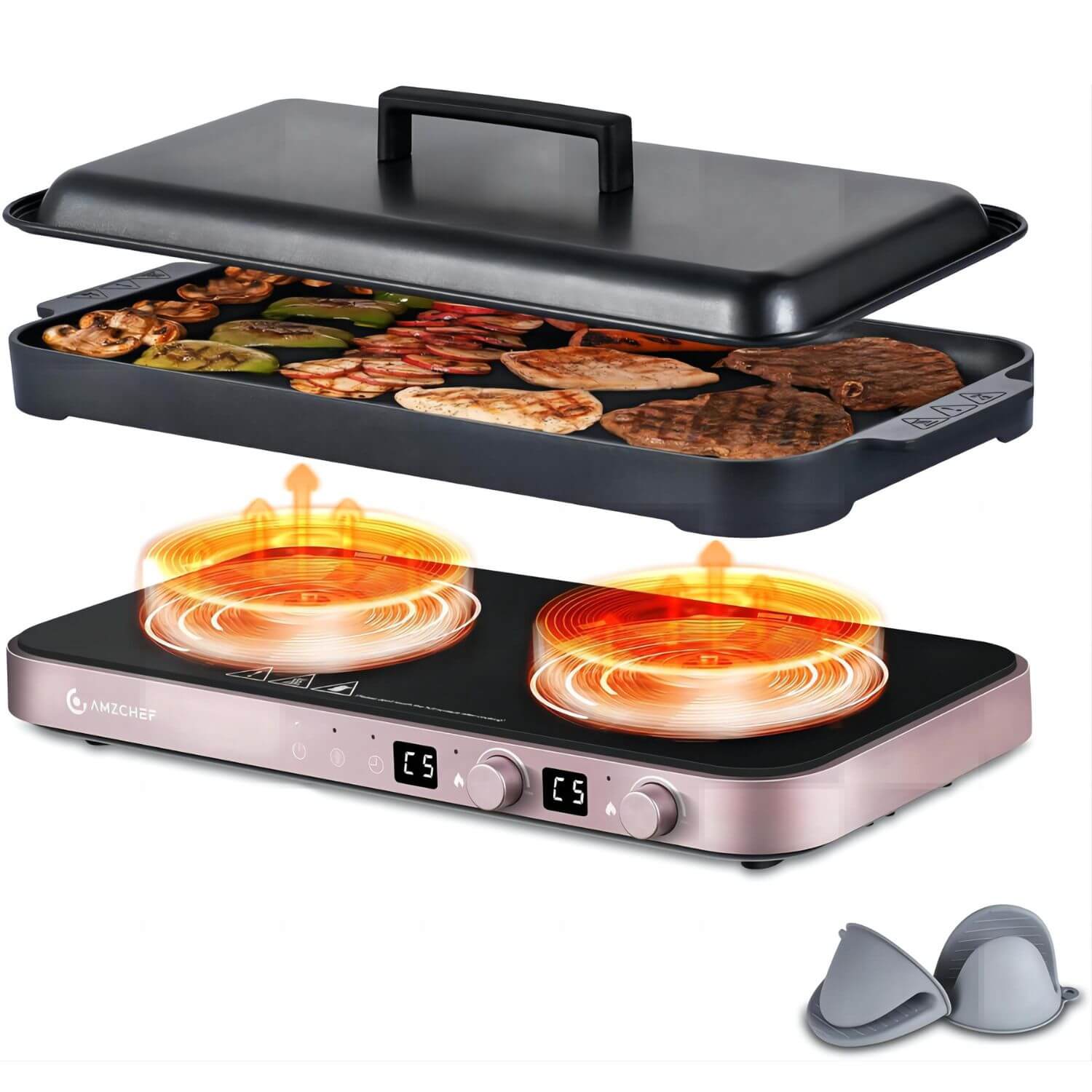 AMZCHEF Double Induction Cooktop with Removable Iron Cast Griddle Pan