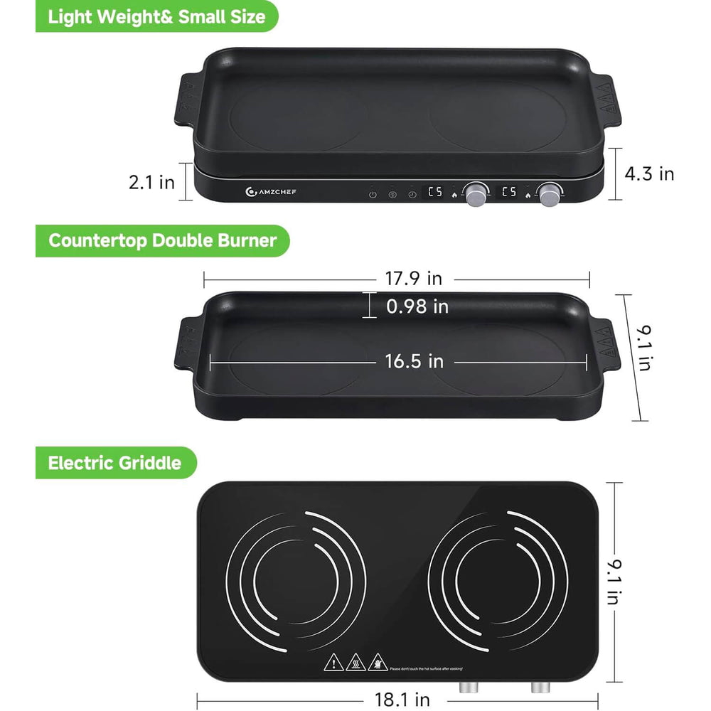 AMZCHEF Double Induction Cooktop with Removable Iron Cast Griddle Pan