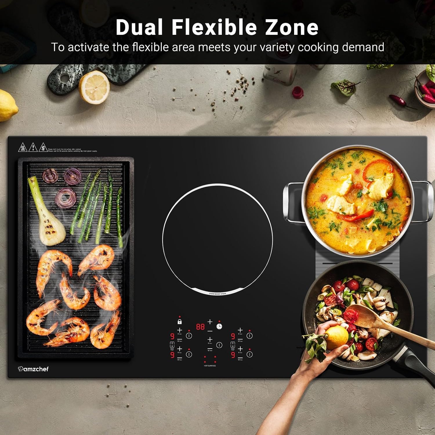AMZCHEF 36 Inch Built-in Induction Cooktop 5 Boost Burner Including Dual Flexi Zone