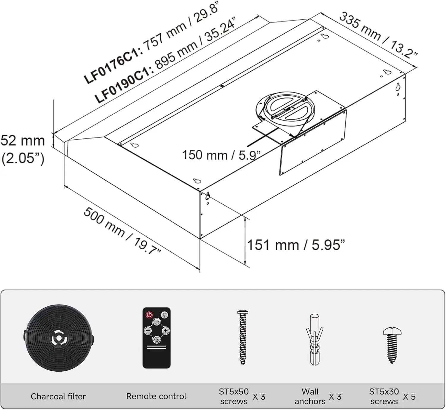 Technical diagram of a product with dimensions and components listed below.