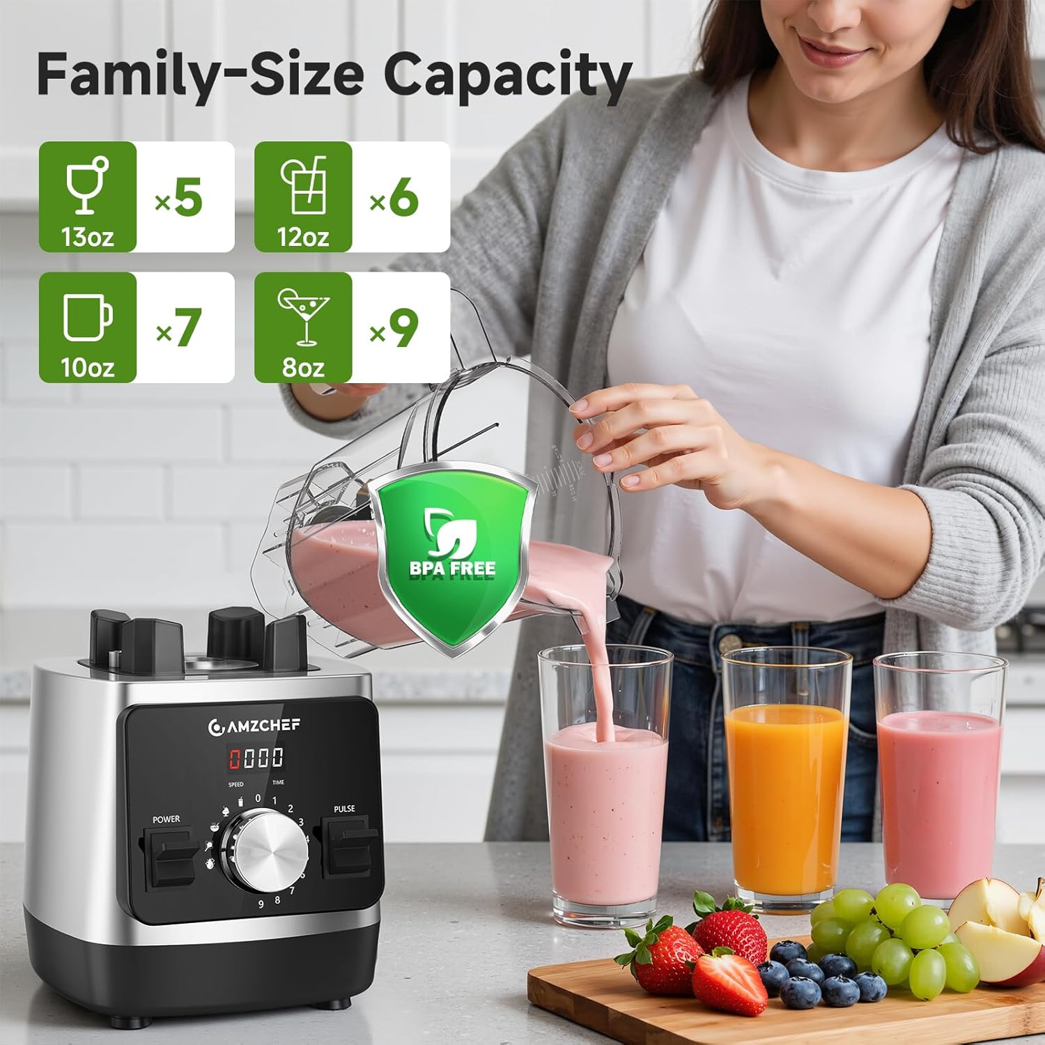 Amzchef 1800W Countertop Blender with 6-Blade | 68oz BPA-Free Pitcher
