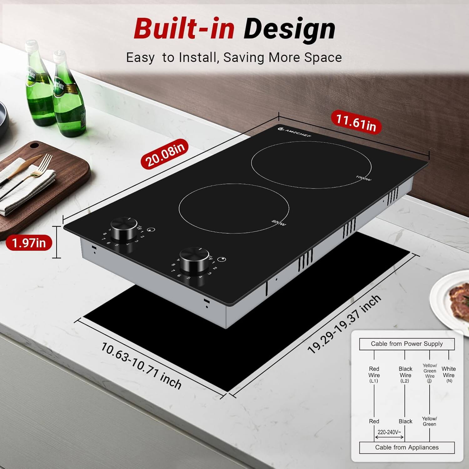 AMZCHEF 2 Burner Electric Cooktop 12 inch Knob Control 1800W