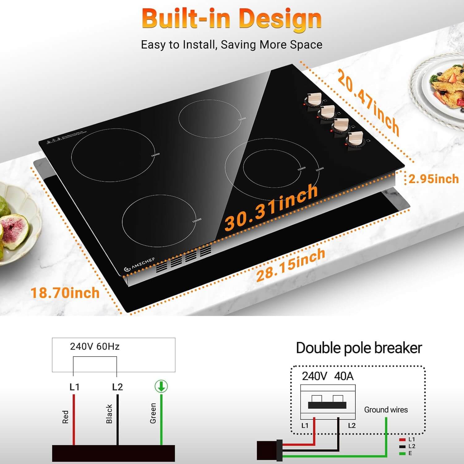 AMZCHEF 30 Inch 4 Burner Built-in Electric cooktops Knob Control 6700W