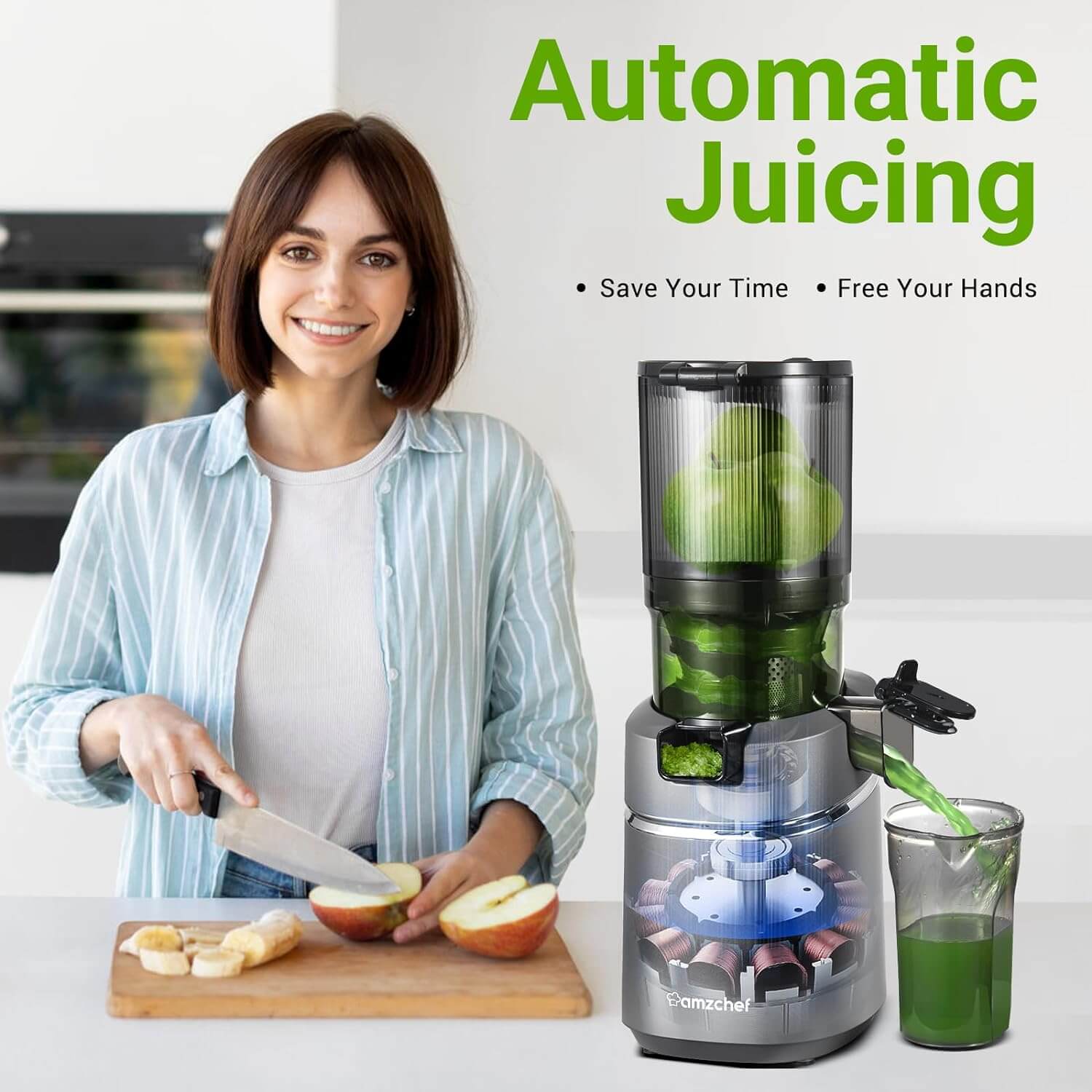 AMZCHEF Masticating Juicer 5.3-Inch Self-Feeding Fit Whole Fruits & Vegetables