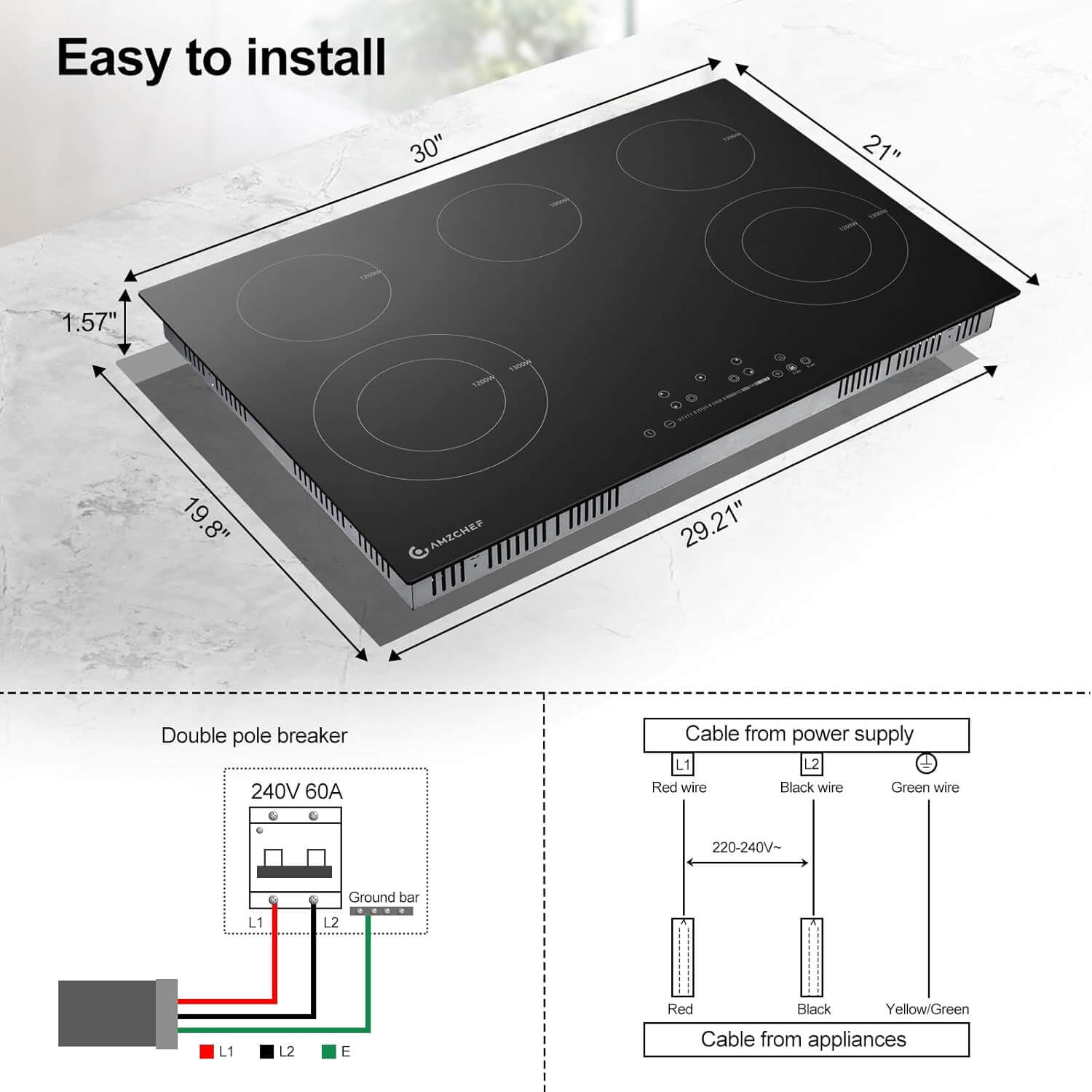 AMZCHEF Built-in Electric Cooktop 5 Boost Burners 8400W 30 Inch