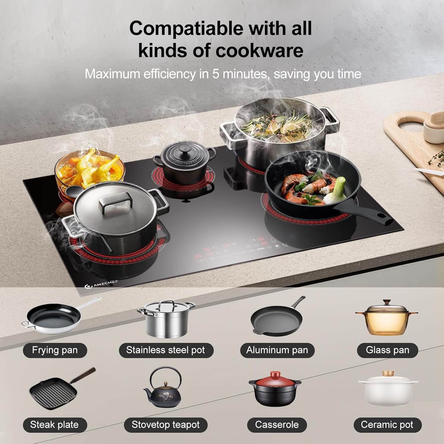 AMZCHEF Built-in Electric Cooktop 5 Boost Burners 8400W 30 Inch