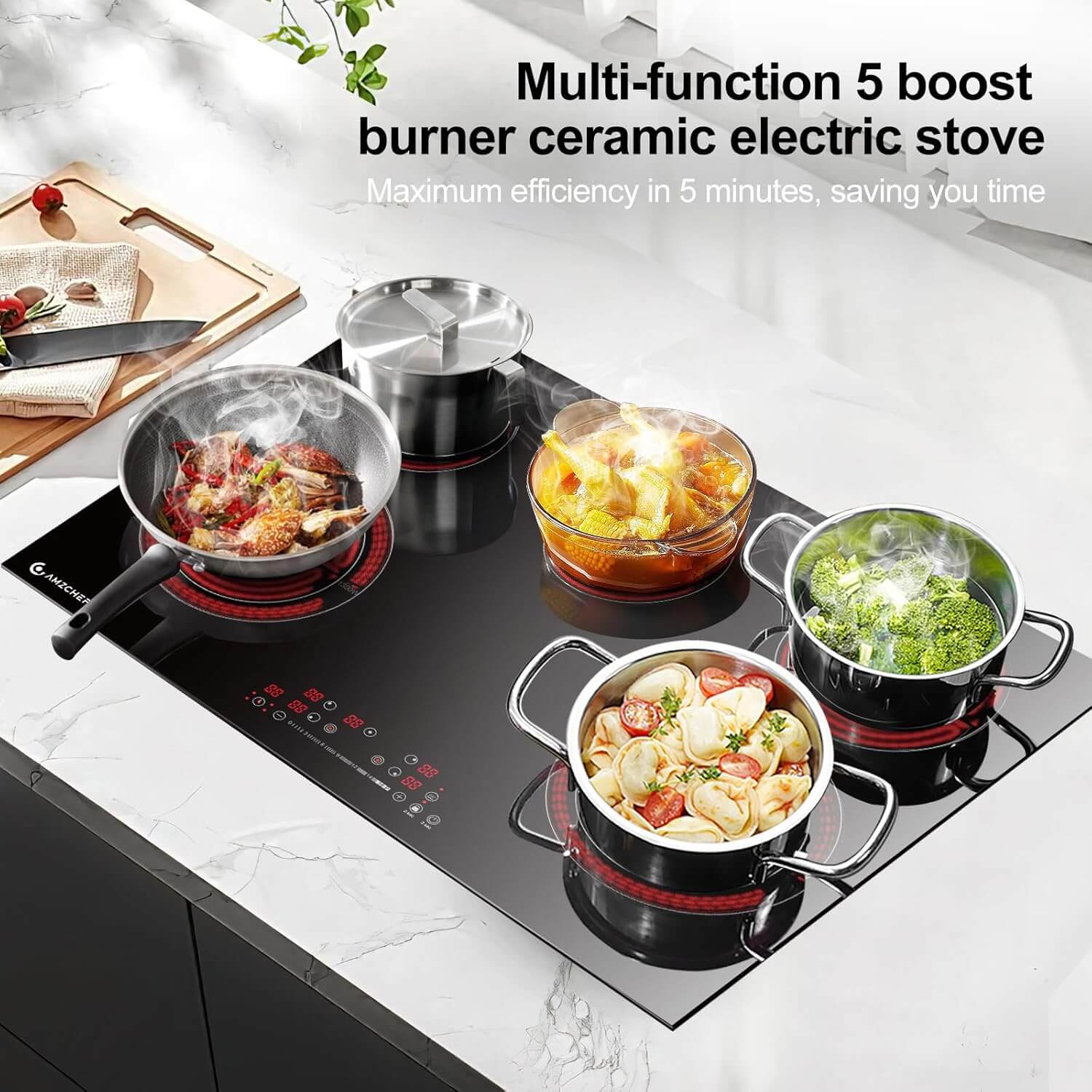 AMZCHEF Built-in Electric Cooktop 5 Boost Burners 8400W 30 Inch