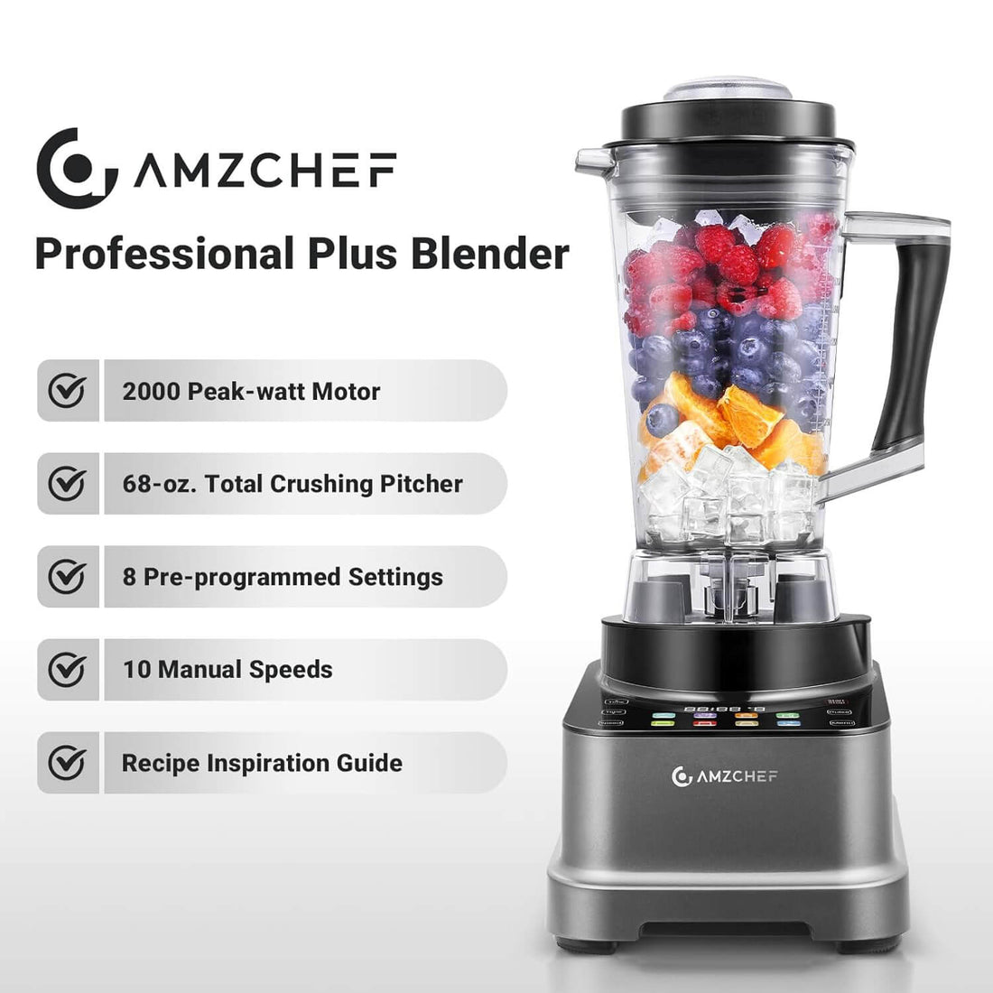 Blender Smoothie Professionnel AMZchef 2000W, 2L, 8 Lames 3D Inox