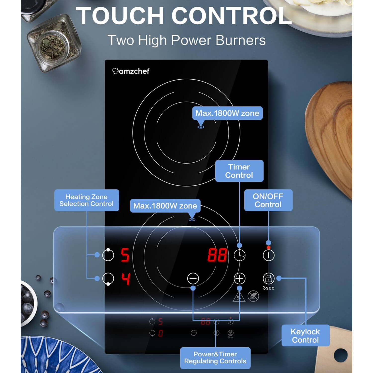 AMZCHEF 12 Inch Electric Stove Hob 2 Burners 1800W Induction Cooktop