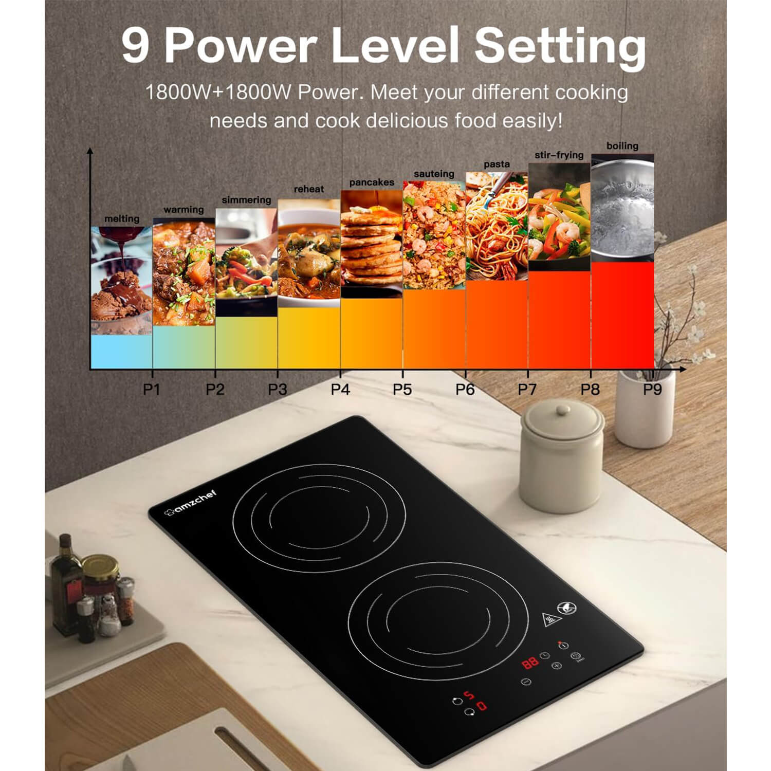 AMZCHEF 12 Inch Electric Stove Hob 2 Burners 1800W Induction Cooktop