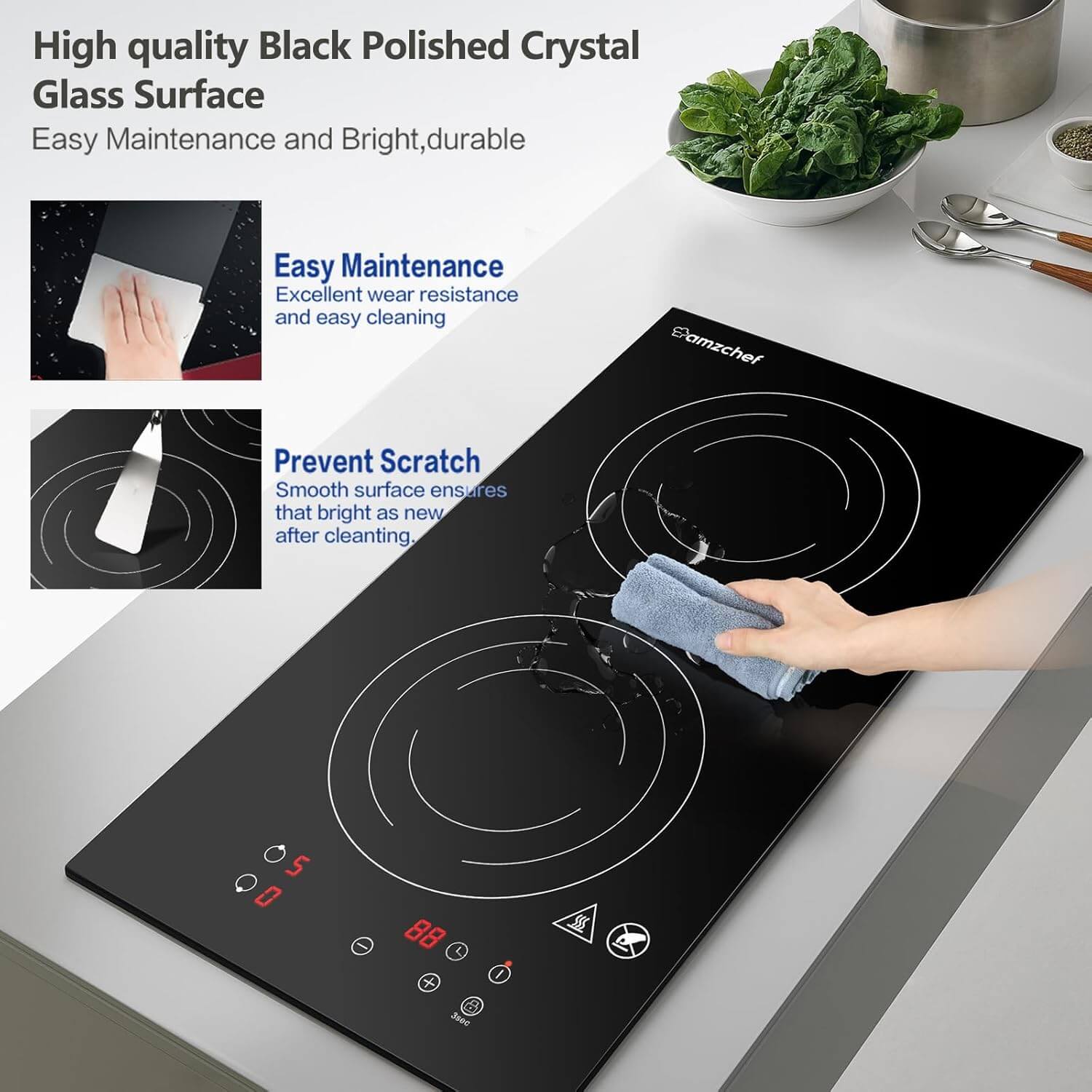 AMZCHEF 12 Inch Electric Stove Hob 2 Burners 1800W Induction Cooktop