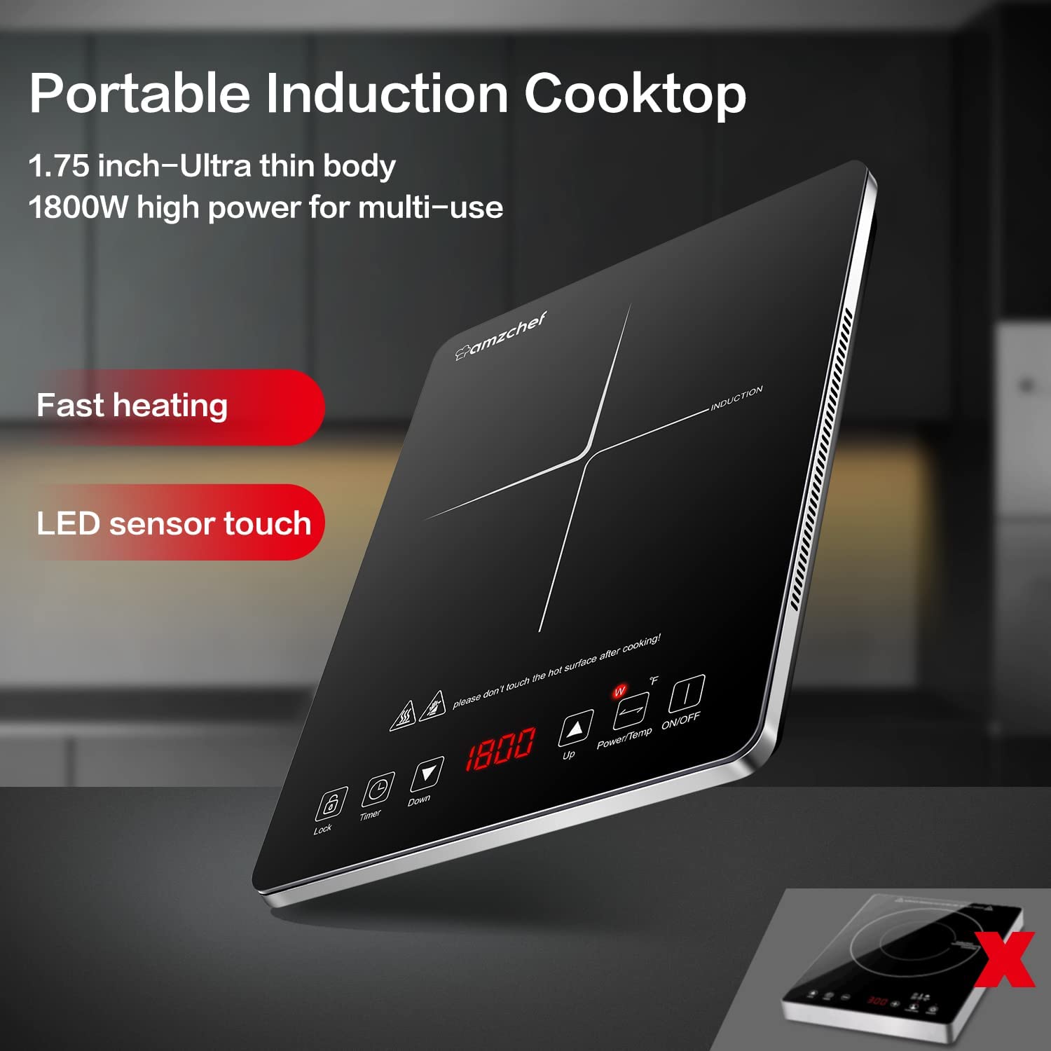 AMZCHEF 1800W Double Induction Cooktop Low Noise with Independent Control 2  Burners, 10 Temperature, 9 Power Levels, 3-hour Timer & Child Safety Lock 