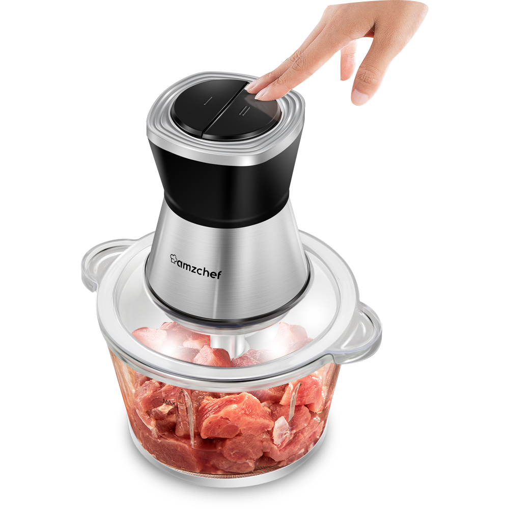 AMZCHEF Electric Meat Chopper with Fast & Slow Speeds Control,1.8L BAP-free Glass Bowl, Safety Function, 4 Stainless Steel Blades, 350W Food Processor for Meat, Carrots, Onion, Garlic