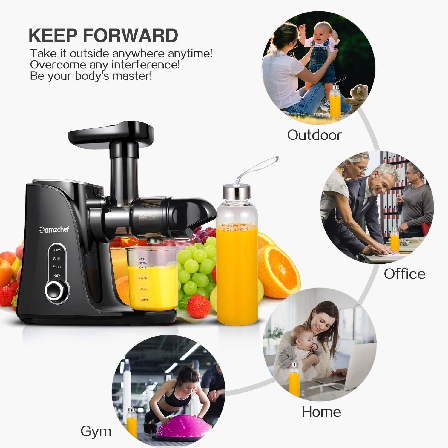 AMZCHEF Slow Masticating Juicer Extractor, Cold Press Juicer with Two Speed Modes, 2 Travel bottles(500ML),LED display, Easy to Clean Brush & Quiet Motor for Vegetables&Fruits,Black