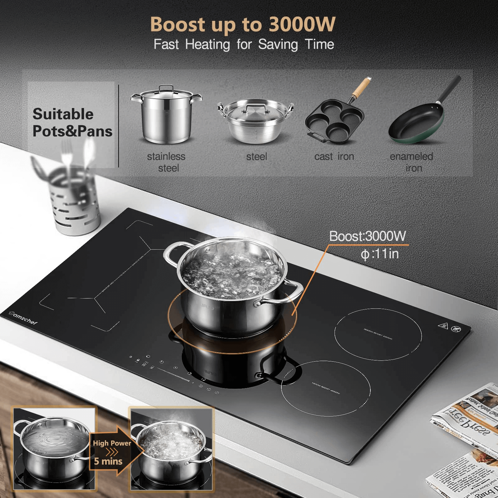 AMZCHEF 36 Inch Built in Induction Cooktop 5 Boost Burner Including Fl