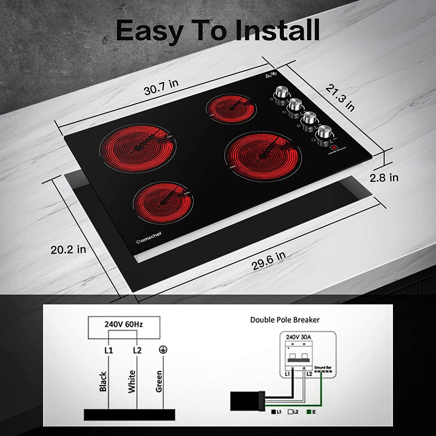 AMZCHEF Built-in Induction Stove With 5 Burners Triple and Toasting Zo