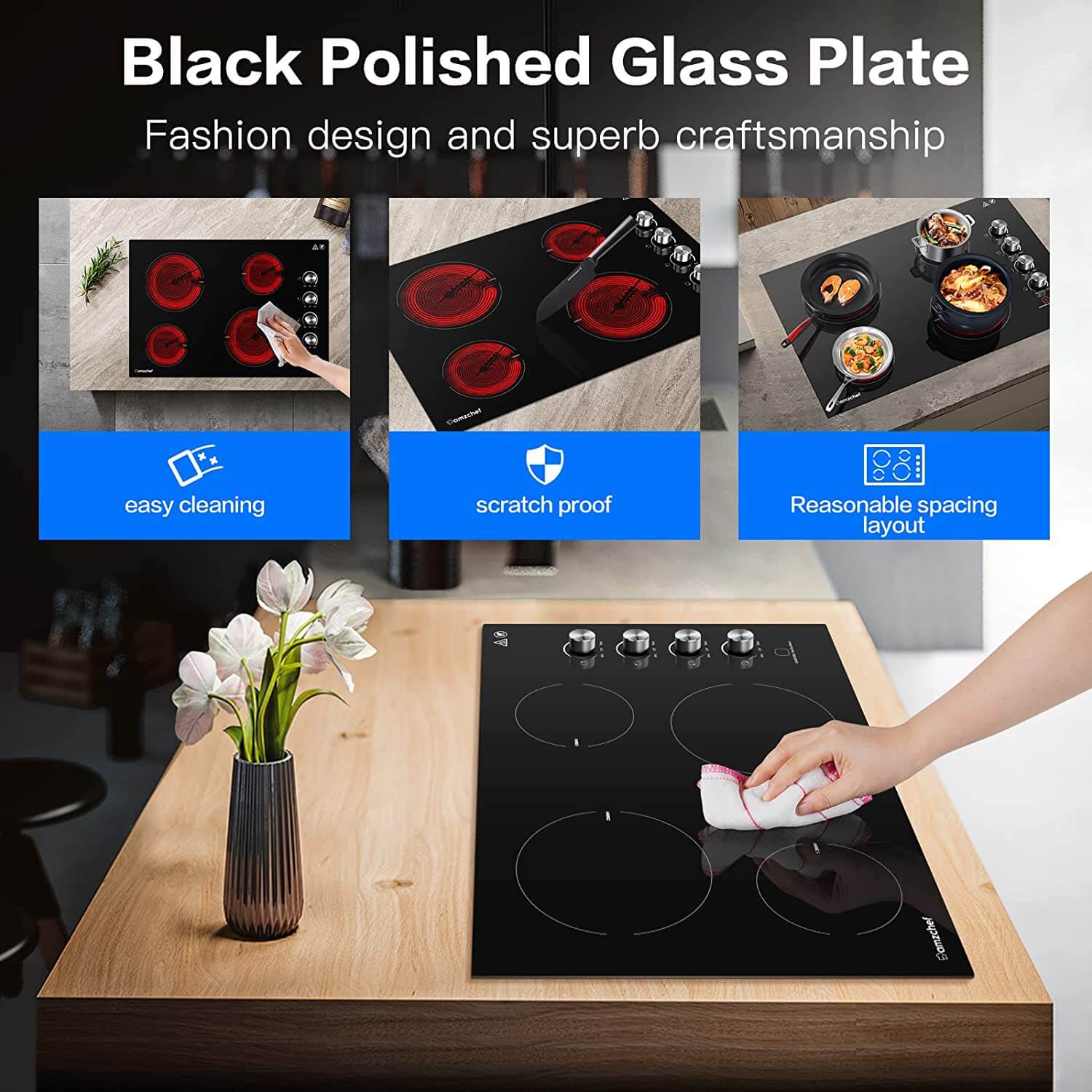 30 inch Electric Cooktop 4 Burners Drop In Ceramic Glass Stove Top Touch  Control
