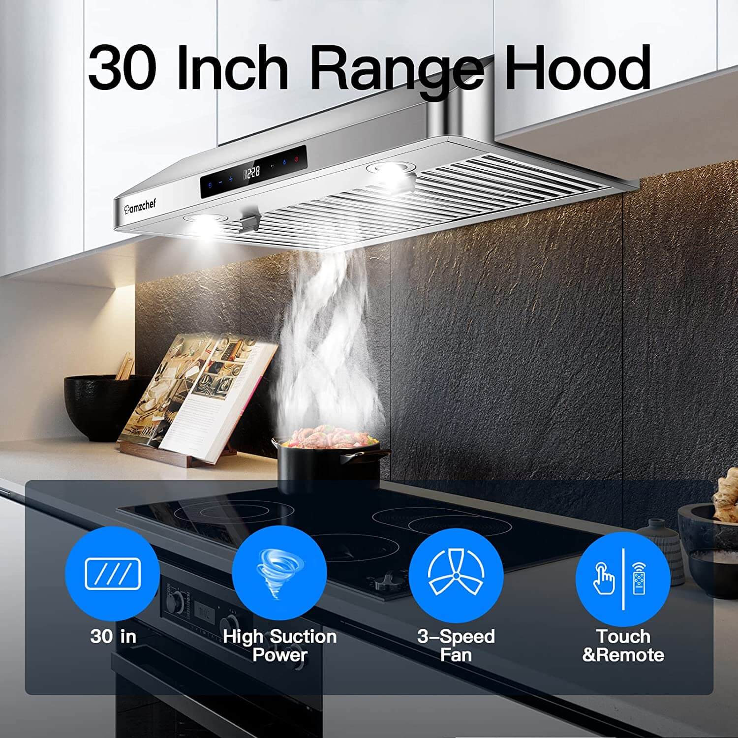 VIVOHOME 30 in. 700-800 CFM Touch Screen Under Cabinet with LED Light Range Hood in Stainless Steel, Silver