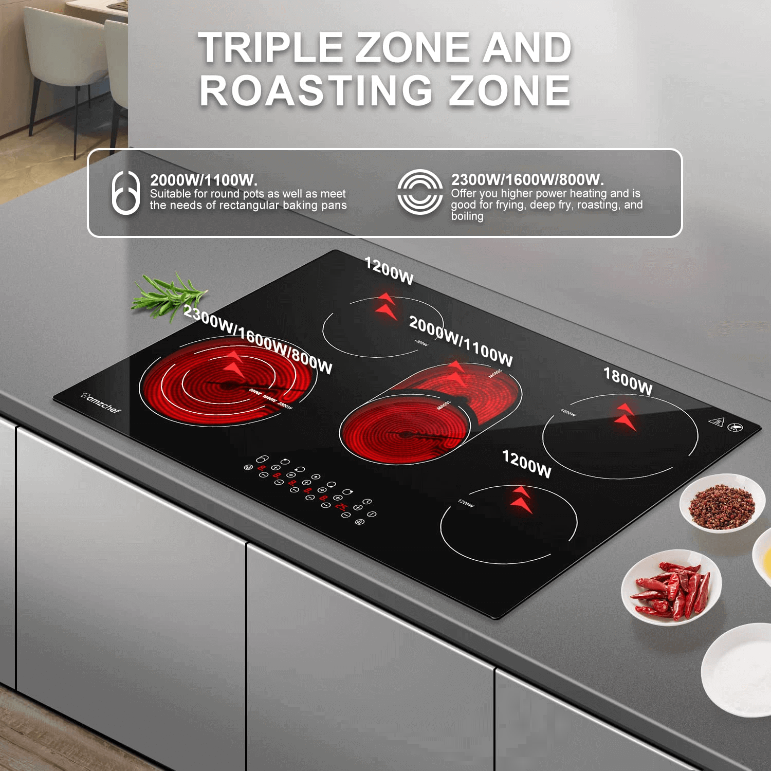 AMZCHEF Built in Induction Stove With 5 Burners Triple and Toasting Zo