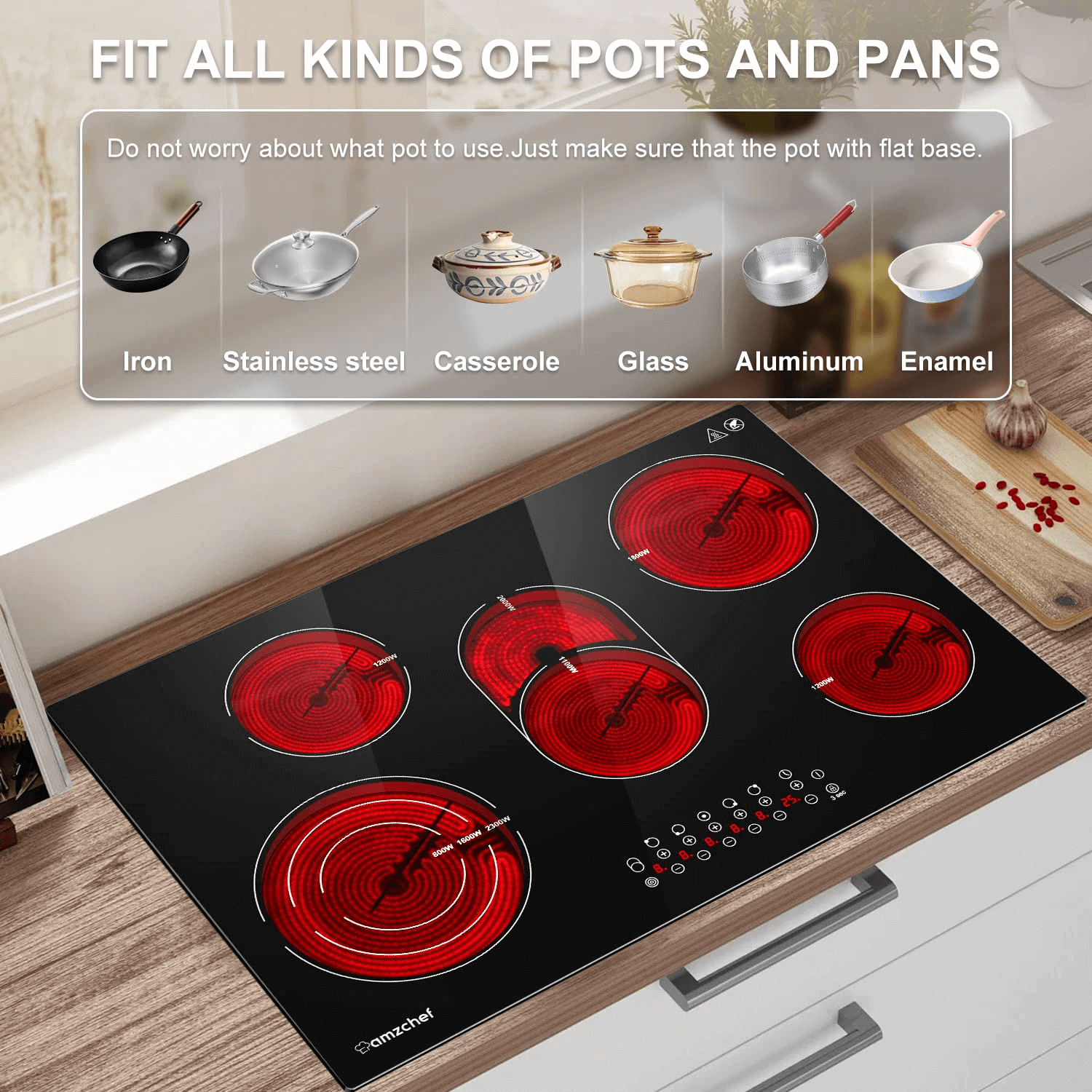 AMZCHEF Built in Induction Stove With 5 Burners Triple and Toasting Zo