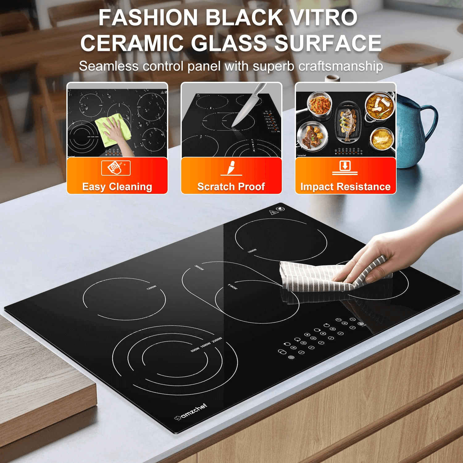 AMZCHEF Built in Induction Stove With 5 Burners Triple and Toasting Zo