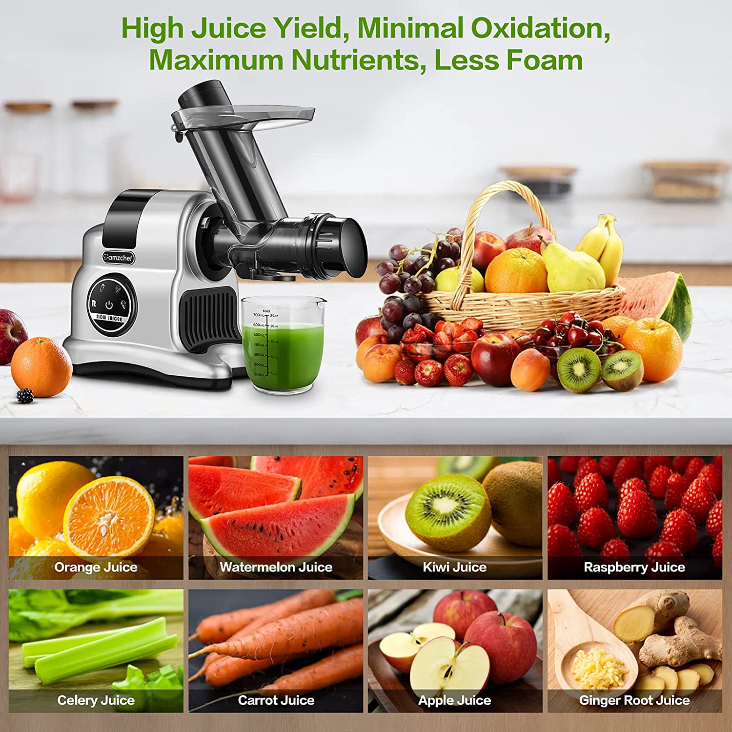 Juicer Machines, AMZCHEF Innovative Cold Press Juicer with high Juice Yield, Slow Masticating Juicer for Vegetables and Fruits,Juice Extractor with Reverse, Slow Juicer, Easy to Clean, Operate Quiet