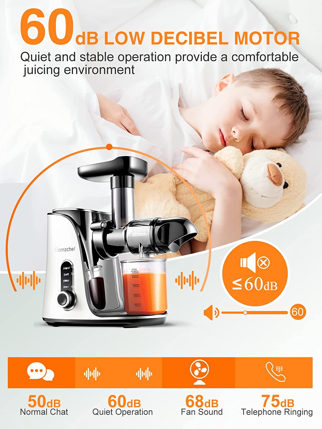AMZCHEF Slow Masticating Juicer Extractor, Cold Press Juicer with Two Speed Modes, 2 Travel bottles(500ML),LED display, Easy to Clean Brush & Quiet Motor for Vegetables&Fruits,White