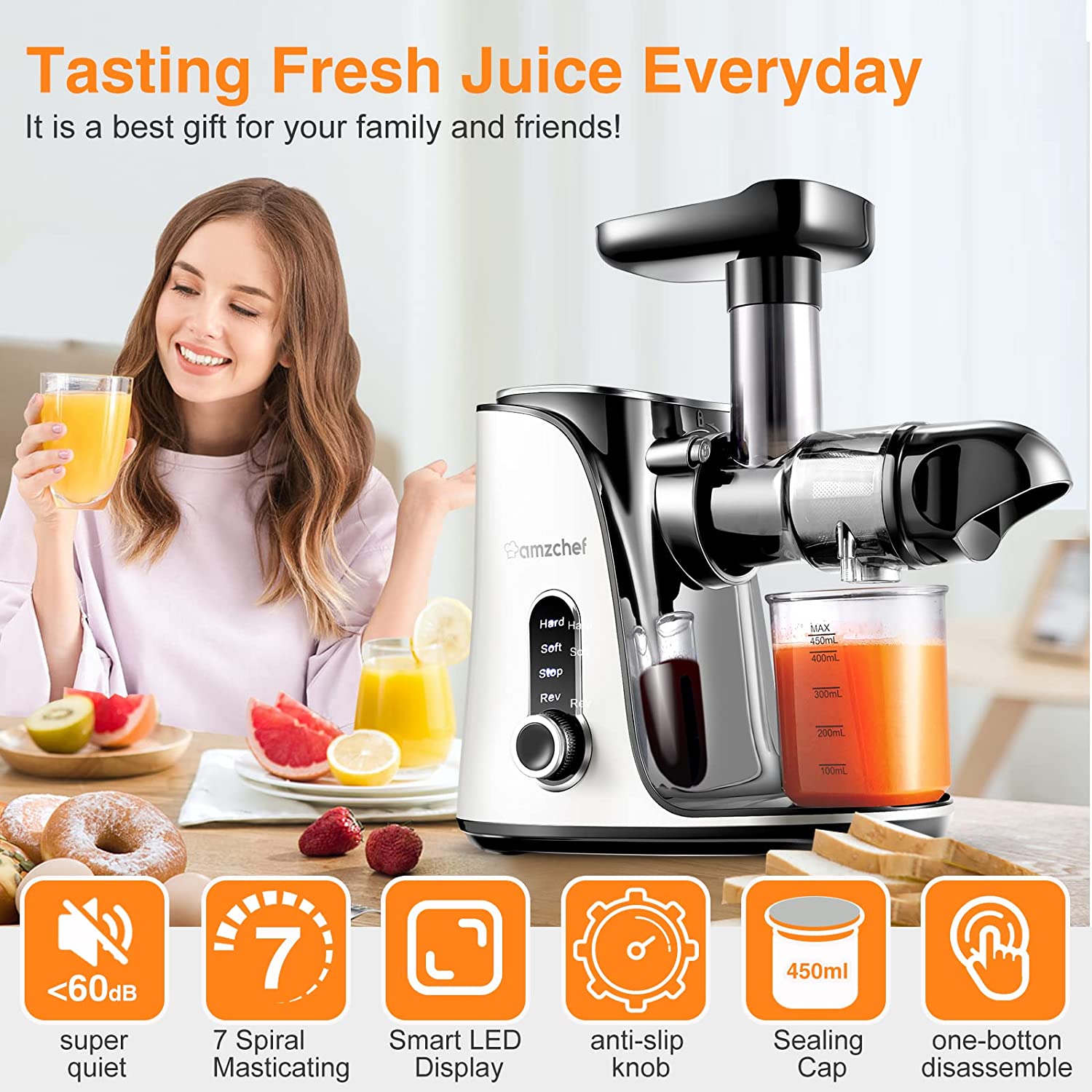 AMZCHEF Slow Masticating Juicer Extractor, Cold Press Juicer with Two Speed Modes, 2 Travel bottles(500ML),LED display, Easy to Clean Brush & Quiet Motor for Vegetables&Fruits,White