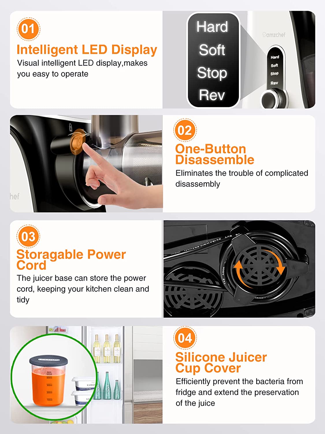 AMZCHEF Slow Masticating Juicer Extractor, Cold Press Juicer with Two Speed Modes, 2 Travel bottles(500ML),LED display, Easy to Clean Brush & Quiet Motor for Vegetables&Fruits,White