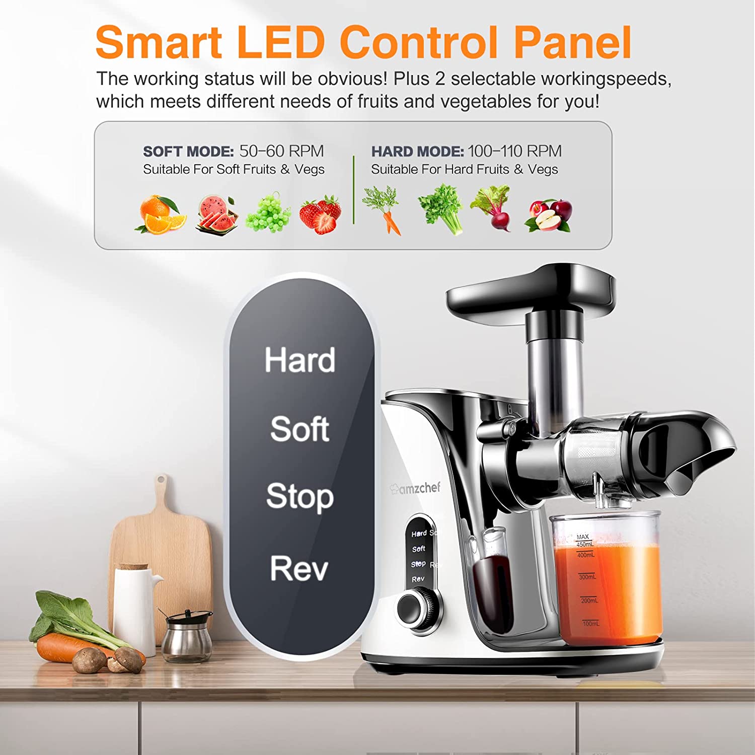 AMZCHEF Slow Masticating Juicer Extractor, Cold Press Juicer with Two Speed Modes, 2 Travel bottles(500ML),LED display, Easy to Clean Brush & Quiet Motor for Vegetables&Fruits,White
