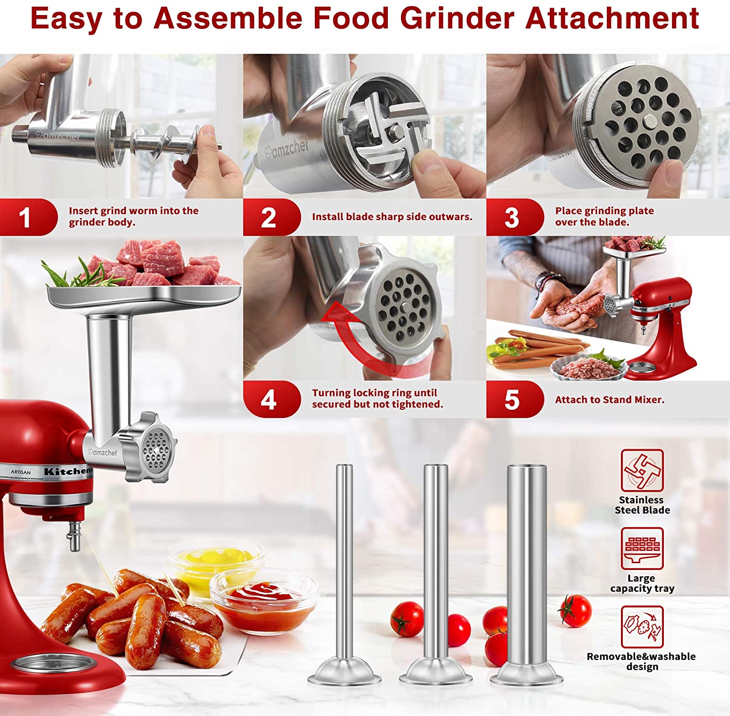 Metal Food Grinder Attachment for KitchenAid Stand Mixers, AMZCHEF Meat Grinder Attachment Included 3 Sausage Stuffer Tubes & A Holder,4 Grinding Plates,2 Grinding Blades, Burger Press,Cleaning Brush