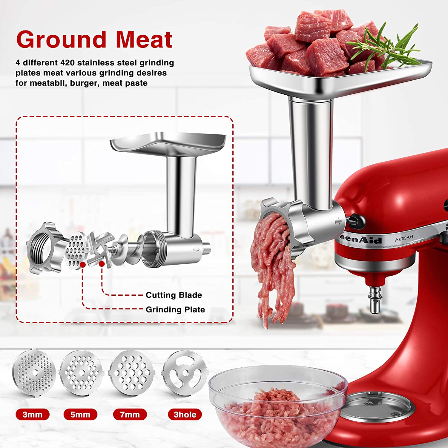 Metal Food Grinder Attachment for KitchenAid Stand Mixers, AMZCHEF Meat Grinder Attachment Included 3 Sausage Stuffer Tubes & A Holder,4 Grinding Plates,2 Grinding Blades, Burger Press,Cleaning Brush